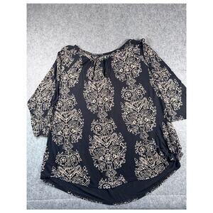 Lucky Brand Women's 3X Black Boho 3/4 Sleeve Keyhole Front Blouse